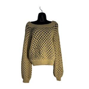 Handmade Crochet Open-Knit Beige Sweater With Ribbed Collar & Cuffs